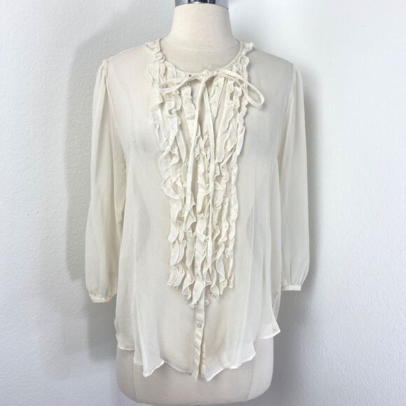 Gap Ivory Sheer Silk Blouse XL Ruffles 3/4 Sleeves Office Siren Boho Fairy Chic - Picture 1 of 10